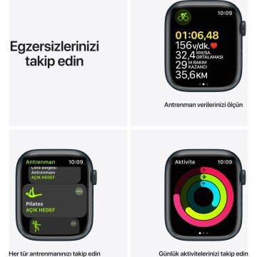 Apple Watch Series 7 GPS 45mm Gece Yarısı Alüminyum Kasa ve Spor Kordon Akıllı Saat